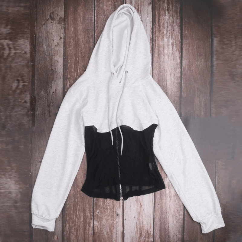 Stylish women's long sleeve hoodie in gray and black with mesh elements and zipper, perfect for casual looks.