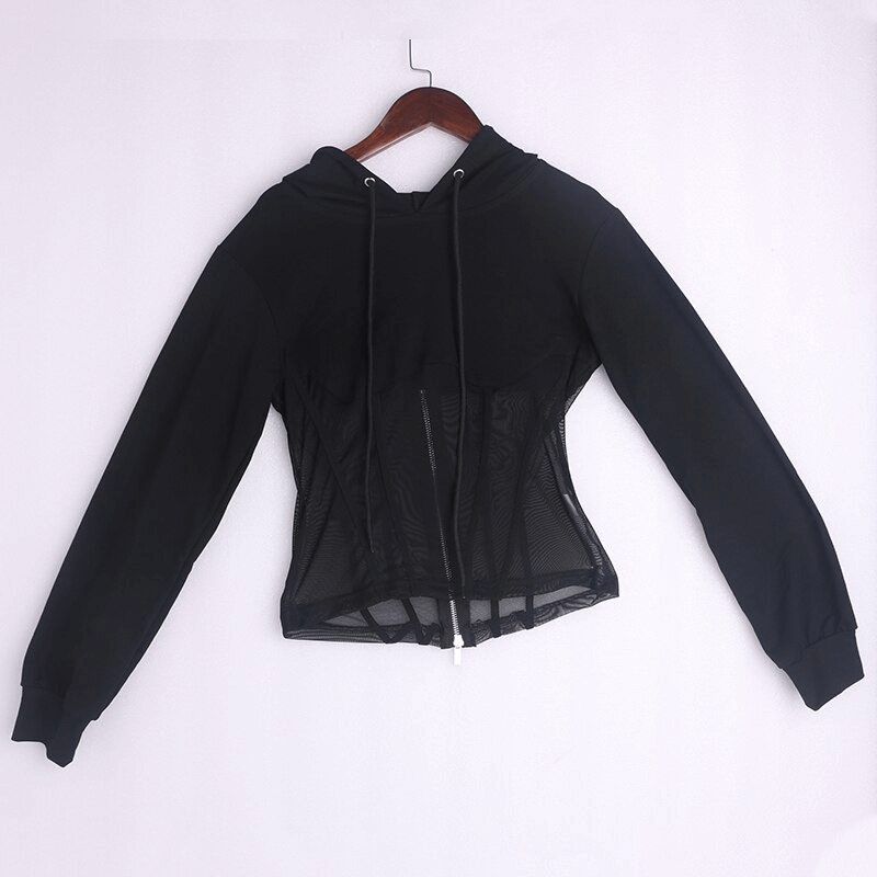Trendy women's black long sleeve hoodie with mesh see-through elements and zip detail.