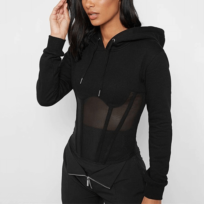 Stylish women's long sleeve black hoodie with mesh elements and zipper, perfect for casual wear.
