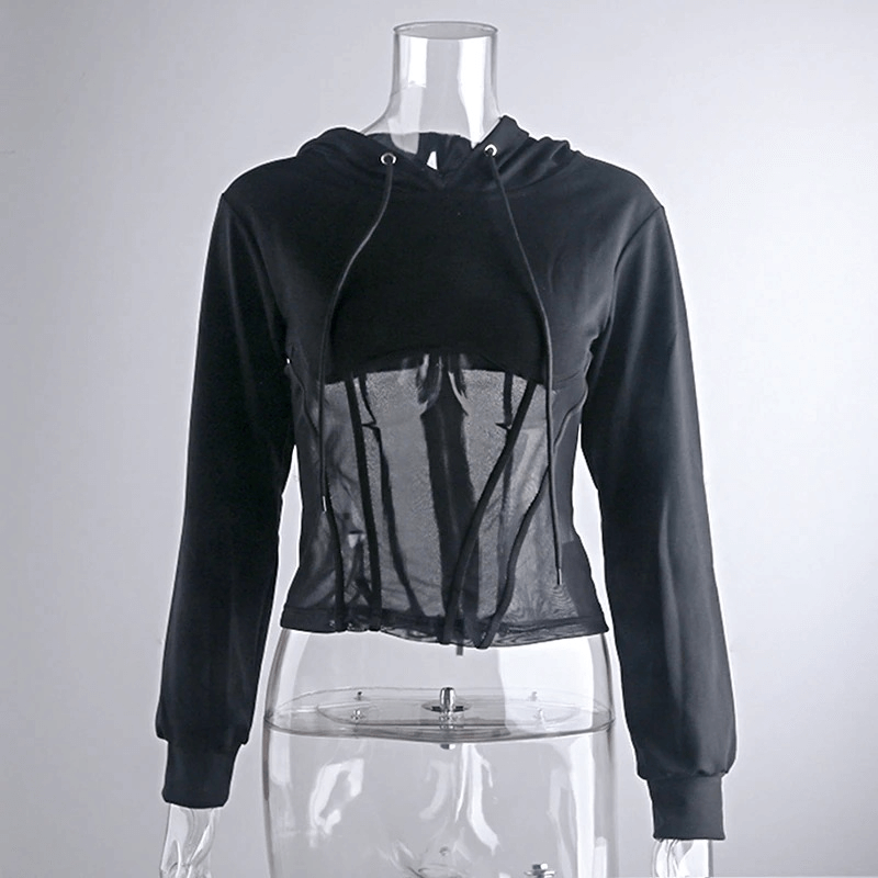 Stylish women's long sleeve hoodie with mesh see-through elements in black, perfect for trendy casual outfits.
