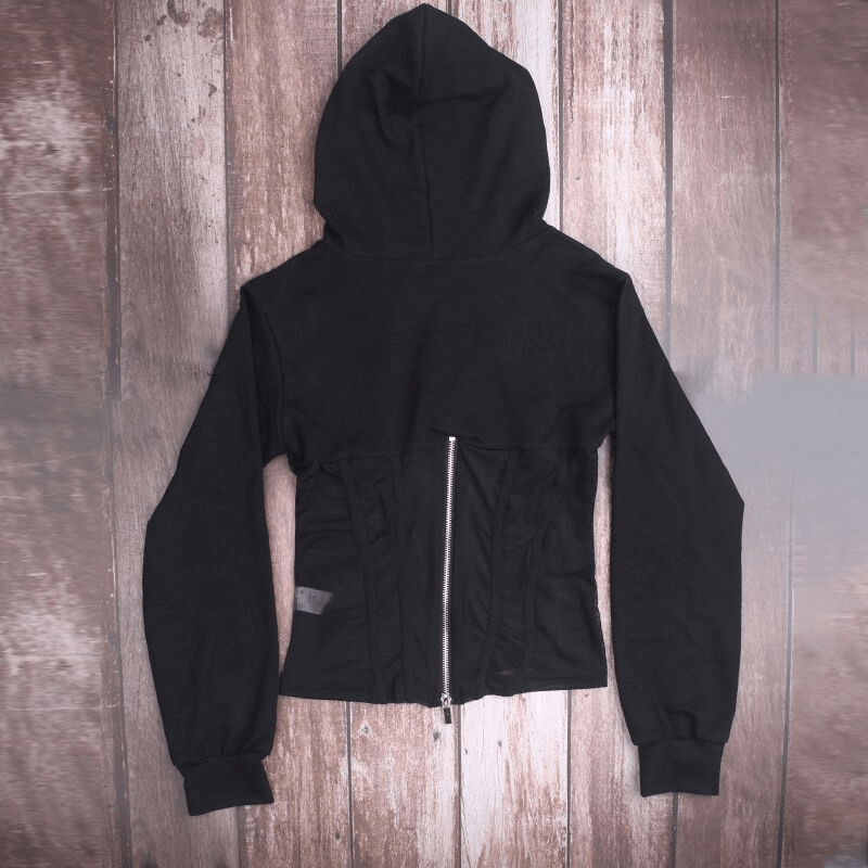 Women's stylish black long sleeve hoodie with zip and mesh elements, perfect for trendy casual outfits.