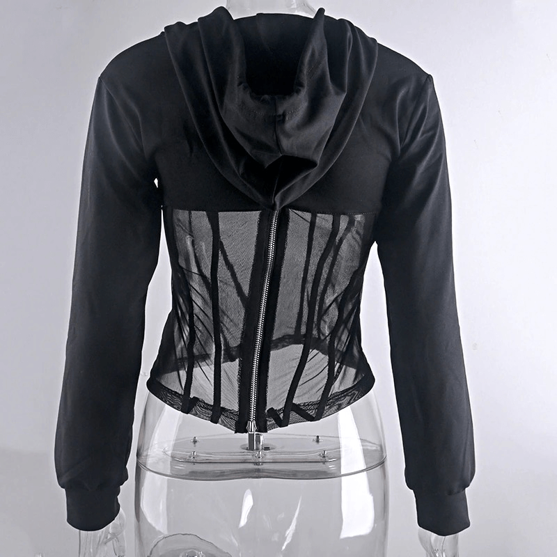 Women's black long sleeve hoodie with mesh see-through elements and zipper detail on a mannequin.