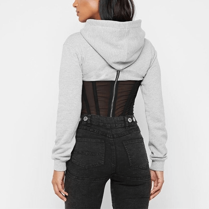 Stylish women's grey long sleeve hoodie with mesh back and zipper, perfect for casual outfits.