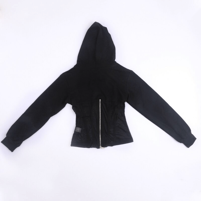Women's black long sleeve hoodie with hood and mesh see-through elements, showcasing trendy casual style.