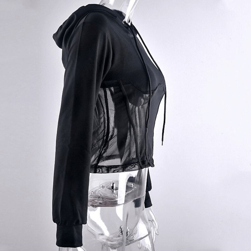 Women's black long sleeve hoodie with mesh elements, showcasing a trendy casual style.
