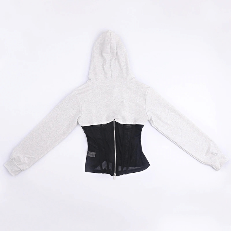 Women's long sleeve grey hoodie with black mesh see-through elements and zipper, trendy casual wear.