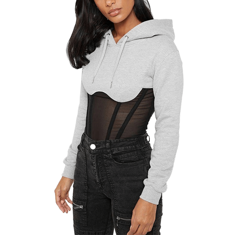 Trendy women's long sleeve hoodie in grey with seductive mesh elements and a stylish design.