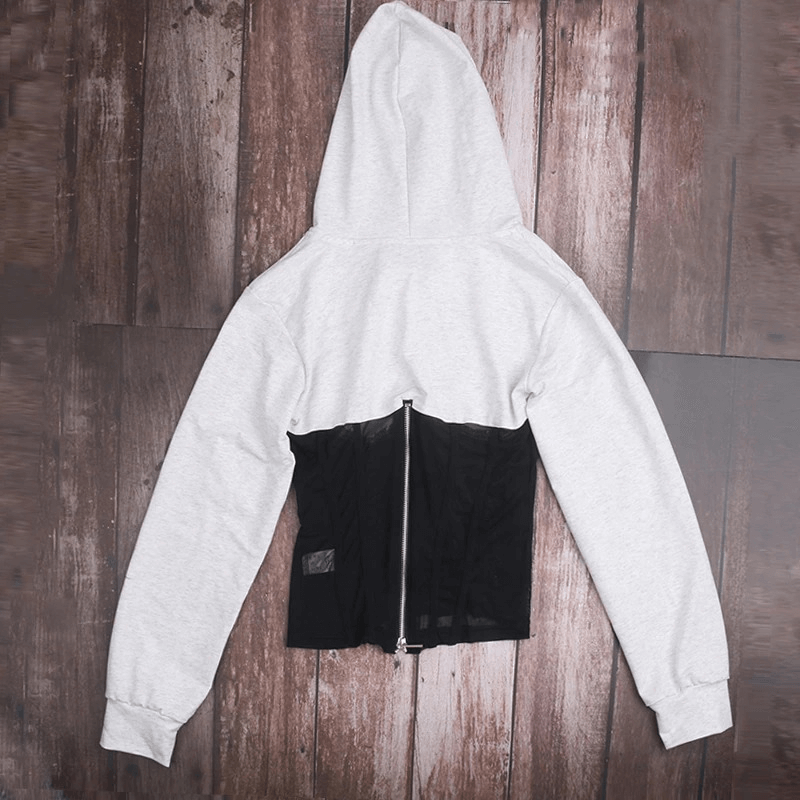 Women's long sleeve gray hoodie with black mesh elements and zipper, stylish and casual for everyday wear.