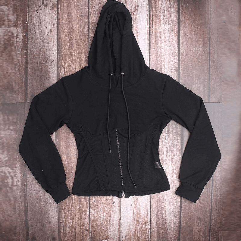 Stylish women's black long sleeve hoodie with mesh elements and zipp, perfect for casual wear.