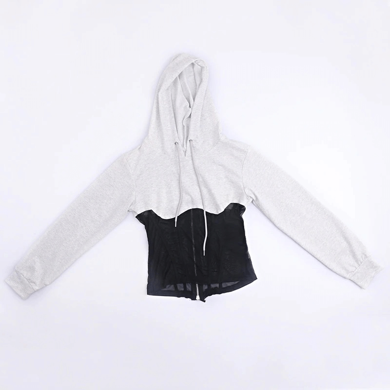 Women's Long Sleeve Hoodies with Mesh See-through Elements / Hooded Sweatshirt with Back Zipper