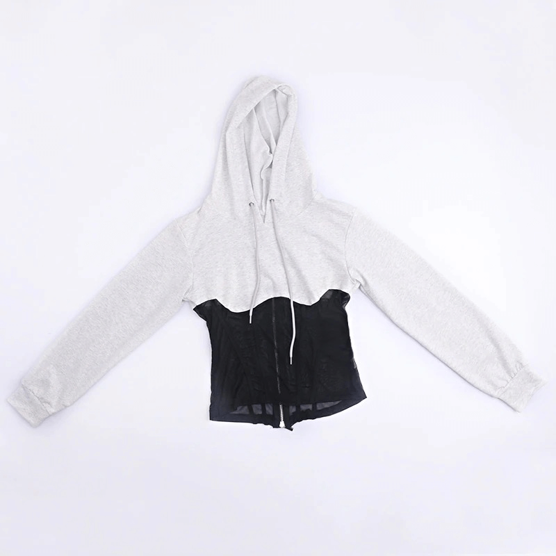 Women's long sleeve hoodie with mesh see-through elements in gray and black, perfect for trendy casual wear.