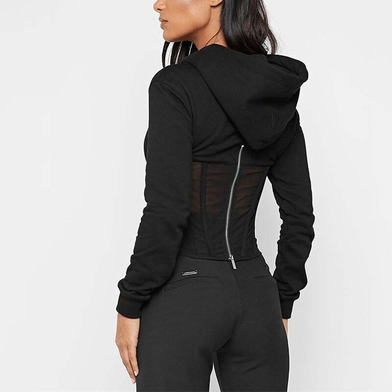 Women's long sleeve black hoodie with mesh back and zipper detail, trendy and stylish casual wear.