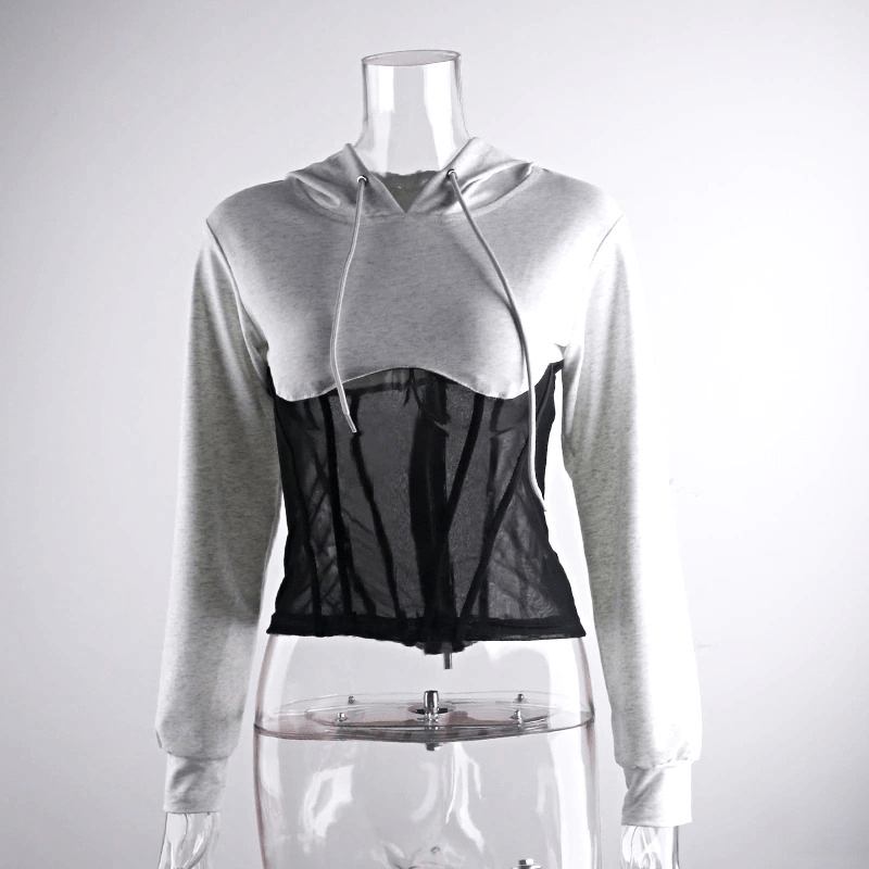 Women's long sleeve hoodie featuring mesh see-through elements in gray and black, perfect for trendy casual wear.