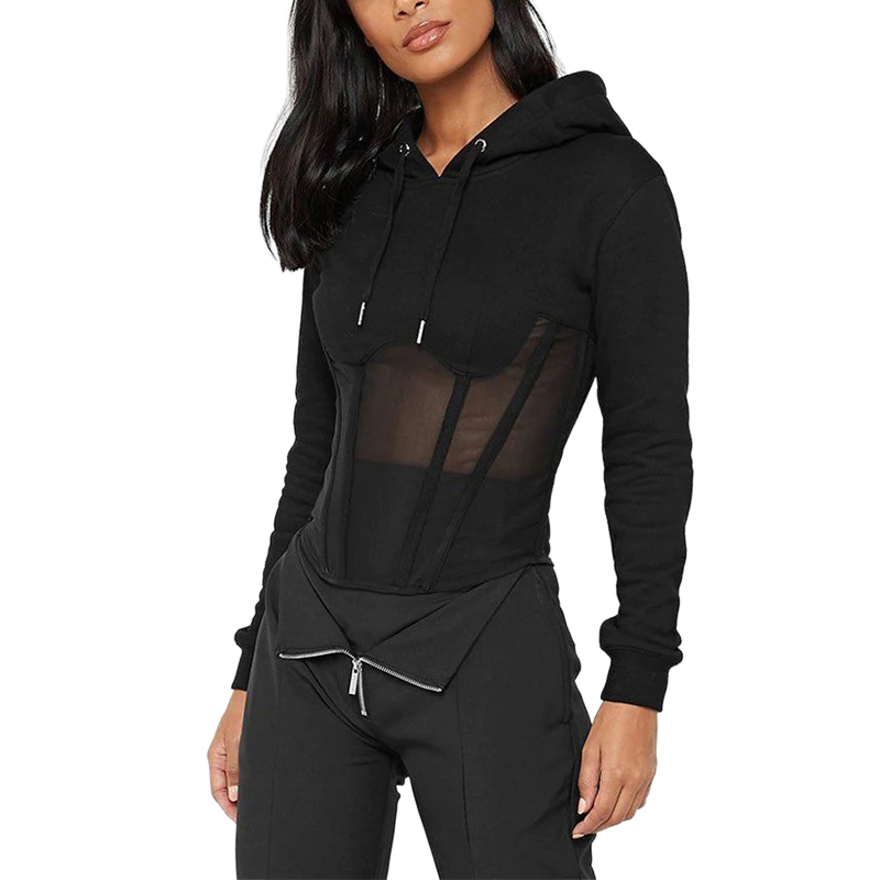 Women's long sleeve black hoodie with mesh see-through elements and stylish zipper detail.