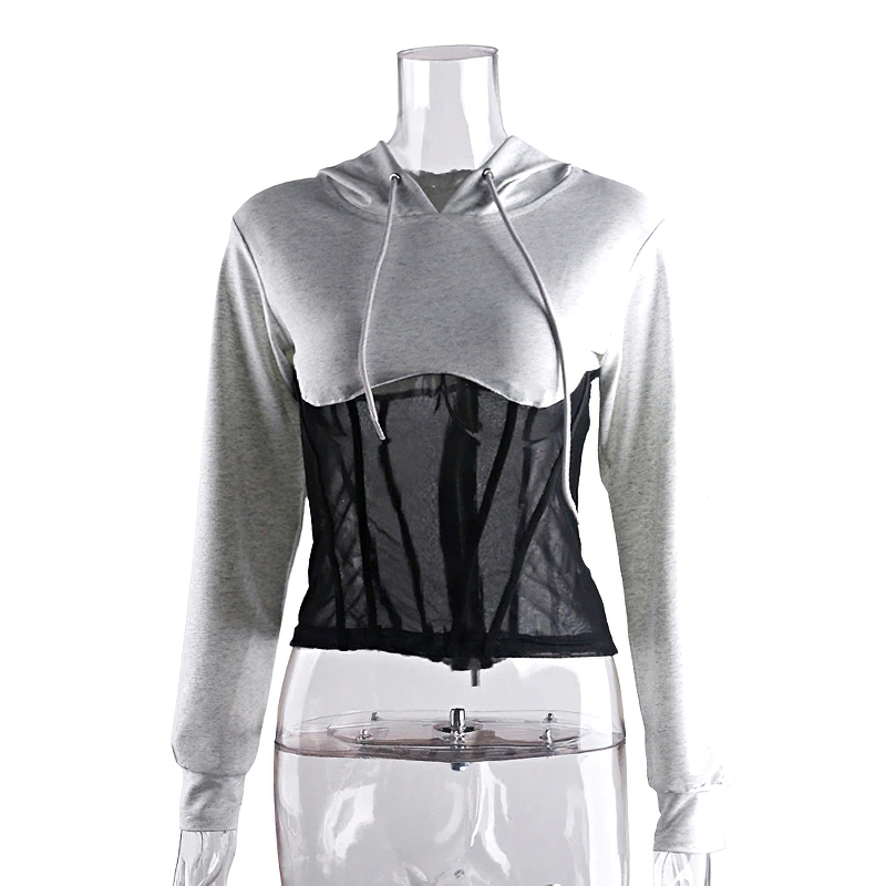 Trendy women's long sleeve hoodie with mesh see-through elements, perfect for a casual yet stylish look.