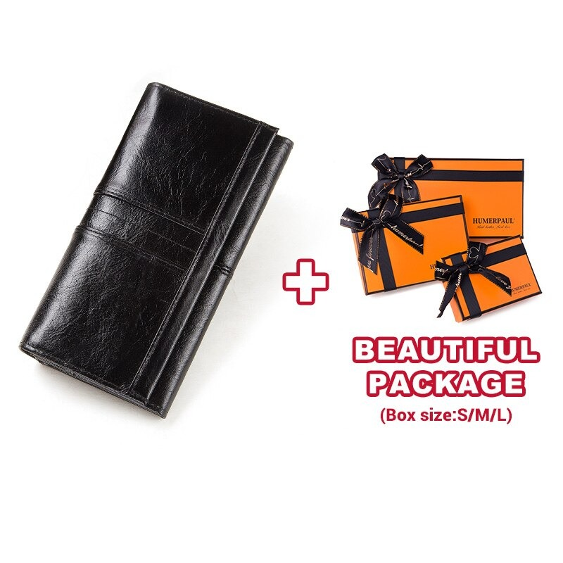 Stylish black genuine leather long wallet-clutch with a beautiful gift package option.
