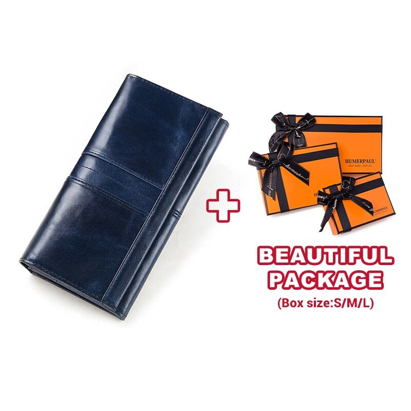 Women's long navy leather wallet-clutch with stylish packaging options for gift-giving.