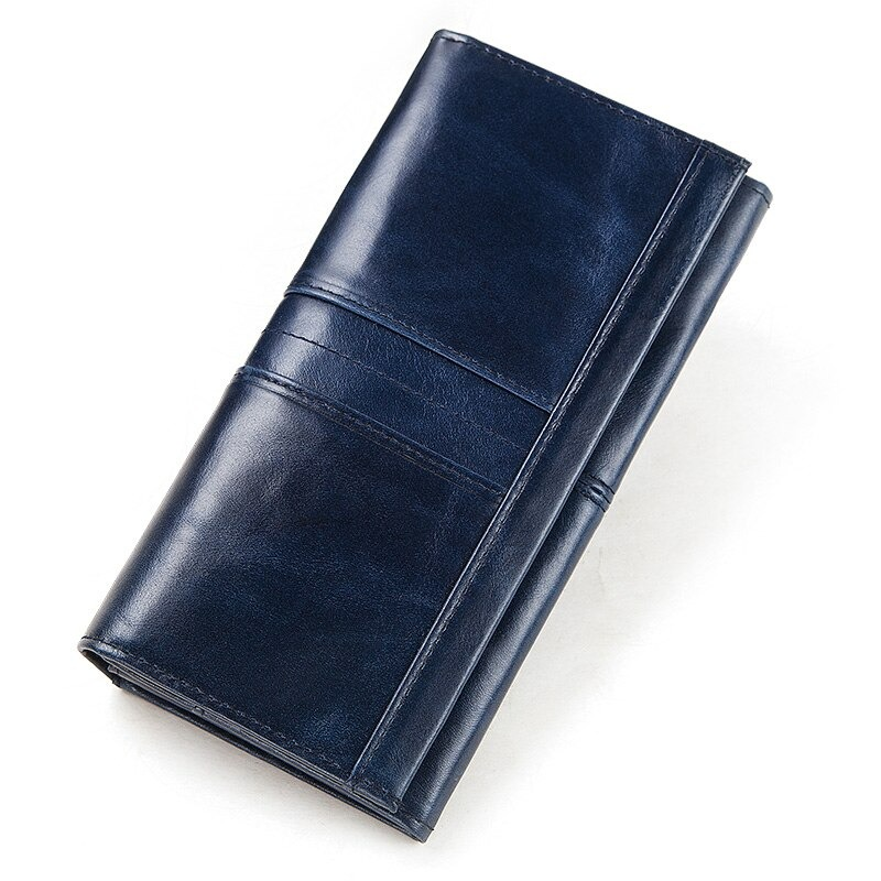 Women's long wallet-clutch in navy blue, made of genuine leather, featuring multiple pockets for cards and a cell phone.