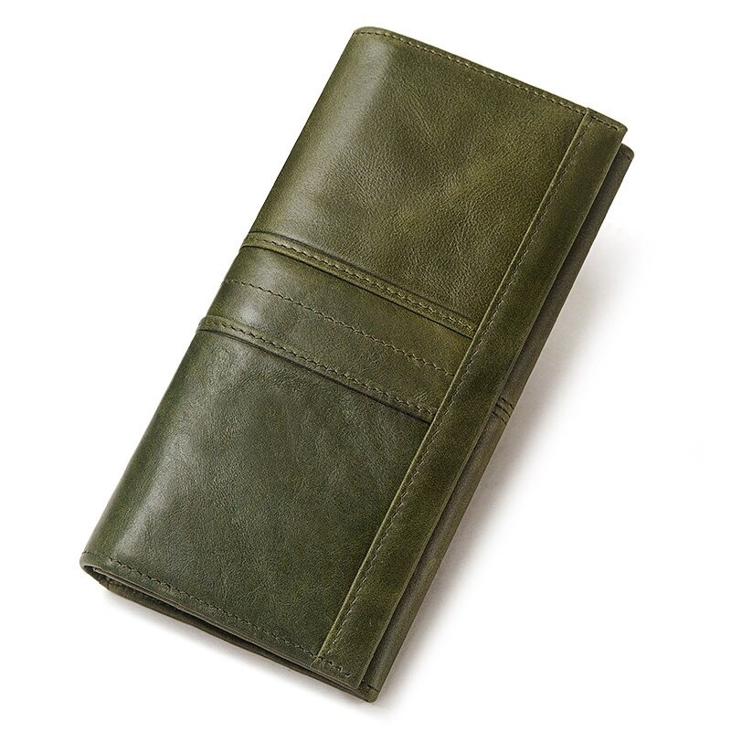Stylish green genuine leather women's long wallet-clutch with pockets for cell phone and cards.