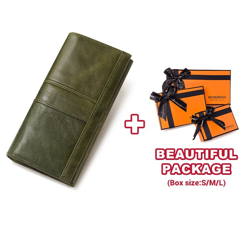Stylish green genuine leather women's long wallet-clutch with multiple pockets and a beautiful packaging option.