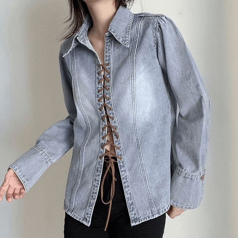 Women's Loose Lace-up Denim Shirt / Long Sleeve Top in Retro Style / Alternative Apparel for Women