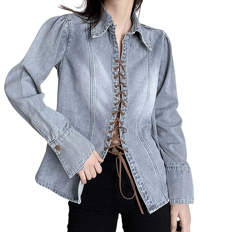 Women's Loose Lace-up Denim Shirt / Long Sleeve Top in Retro Style / Alternative Apparel for Women