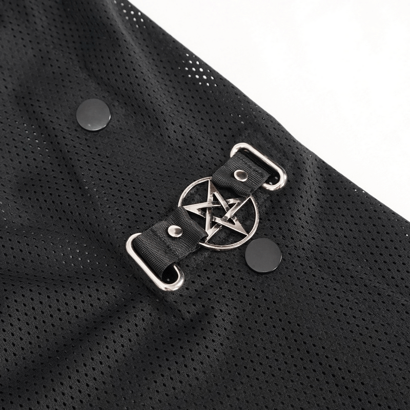 Close-up of women's mesh jogger pants featuring a punk design with a stylish button and unique strap detail.