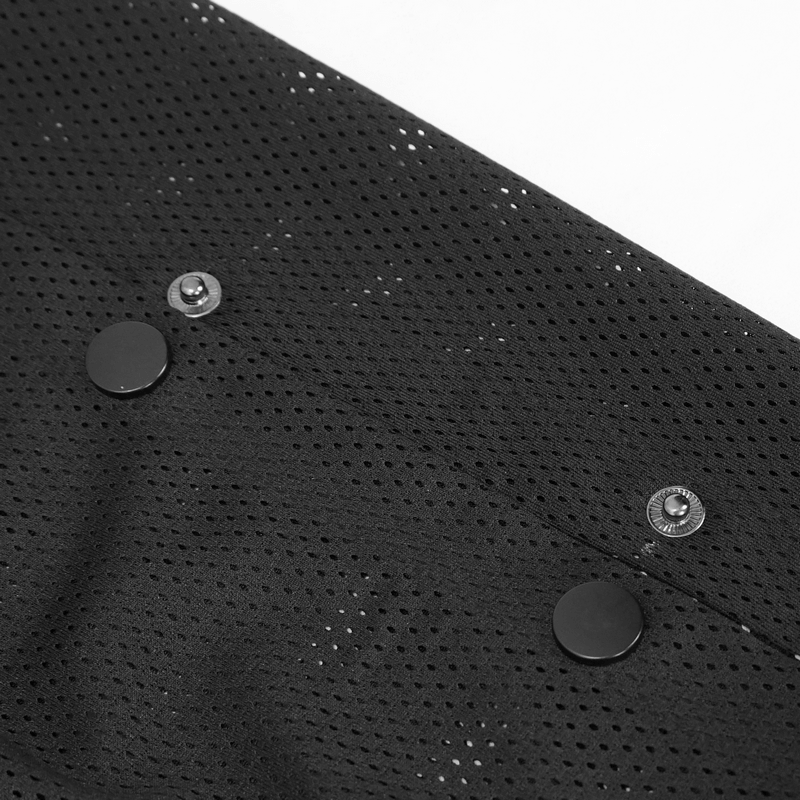 Close-up of black mesh fabric with button details on women's punk jogger pants, showcasing style and comfort.