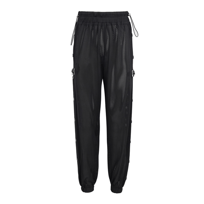 Women's black mesh buttoned jogger pants with punk side openings and adjustable waistband.