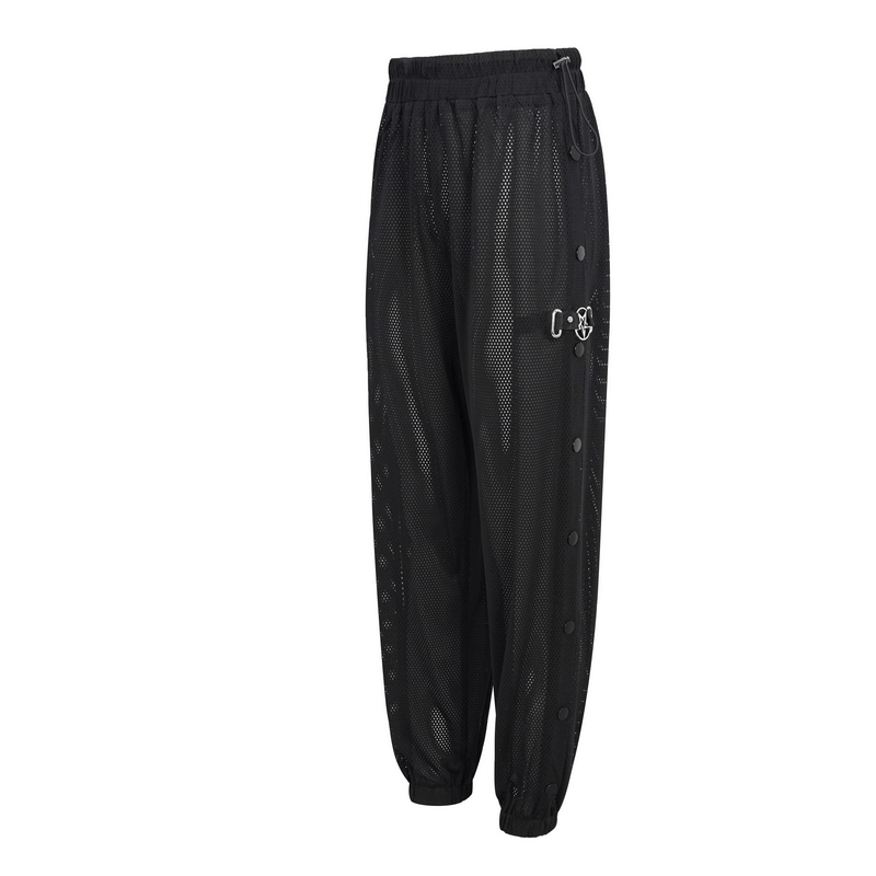 Women's Mesh Buttoned Jogger Pants in black, featuring punk side openings and a comfy design.