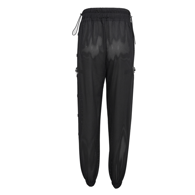Back view of women's black mesh jogger pants with punk side openings, perfect for a trendy and comfy style.