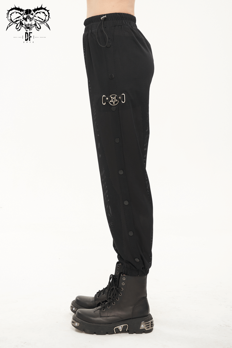 Women's Punk Style Mesh Jogger Pants with Side Openings and Button Details, perfect for a trendy look.