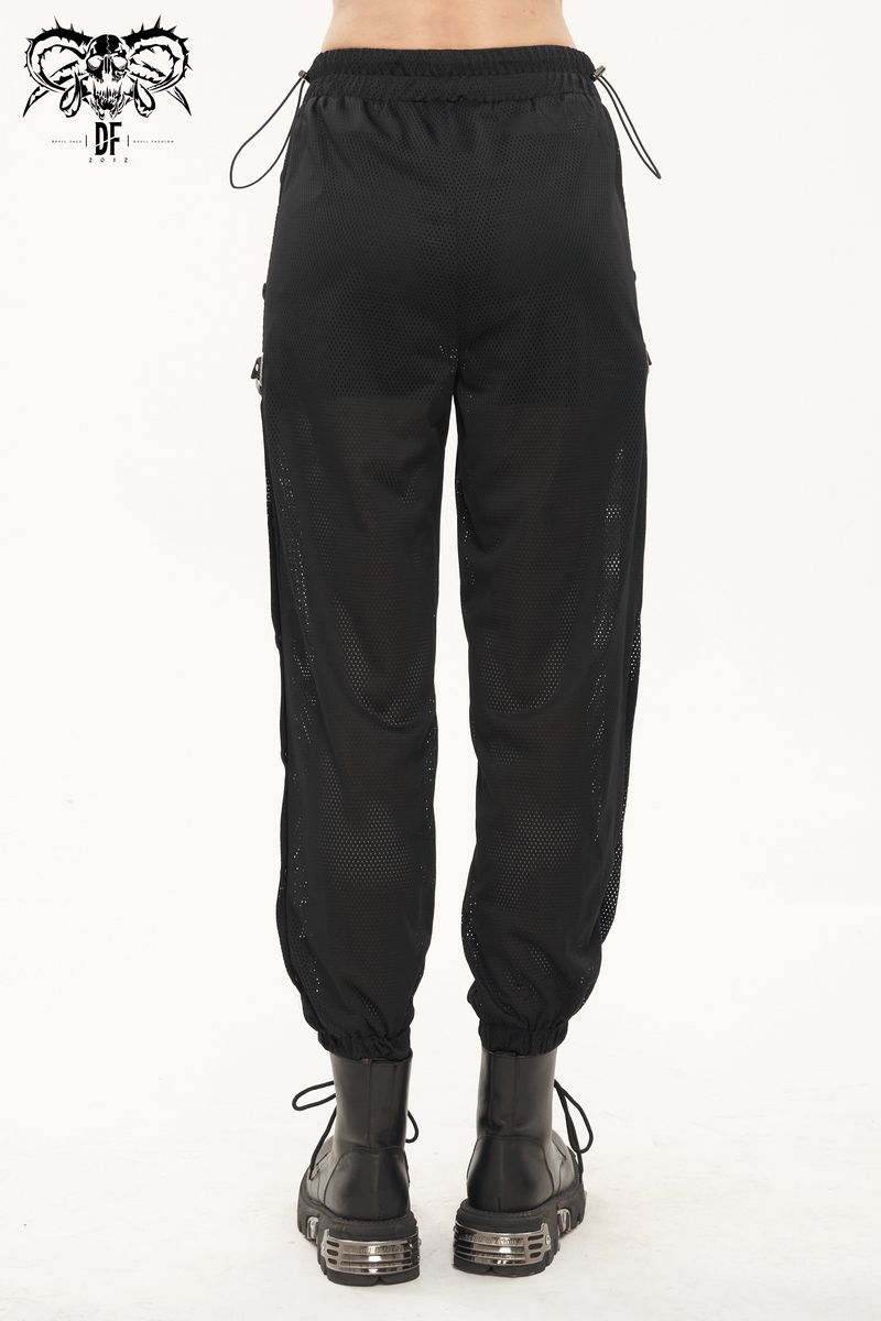 Women's Mesh Buttoned Jogger Pants / Punk Side Openings Wide Trousers