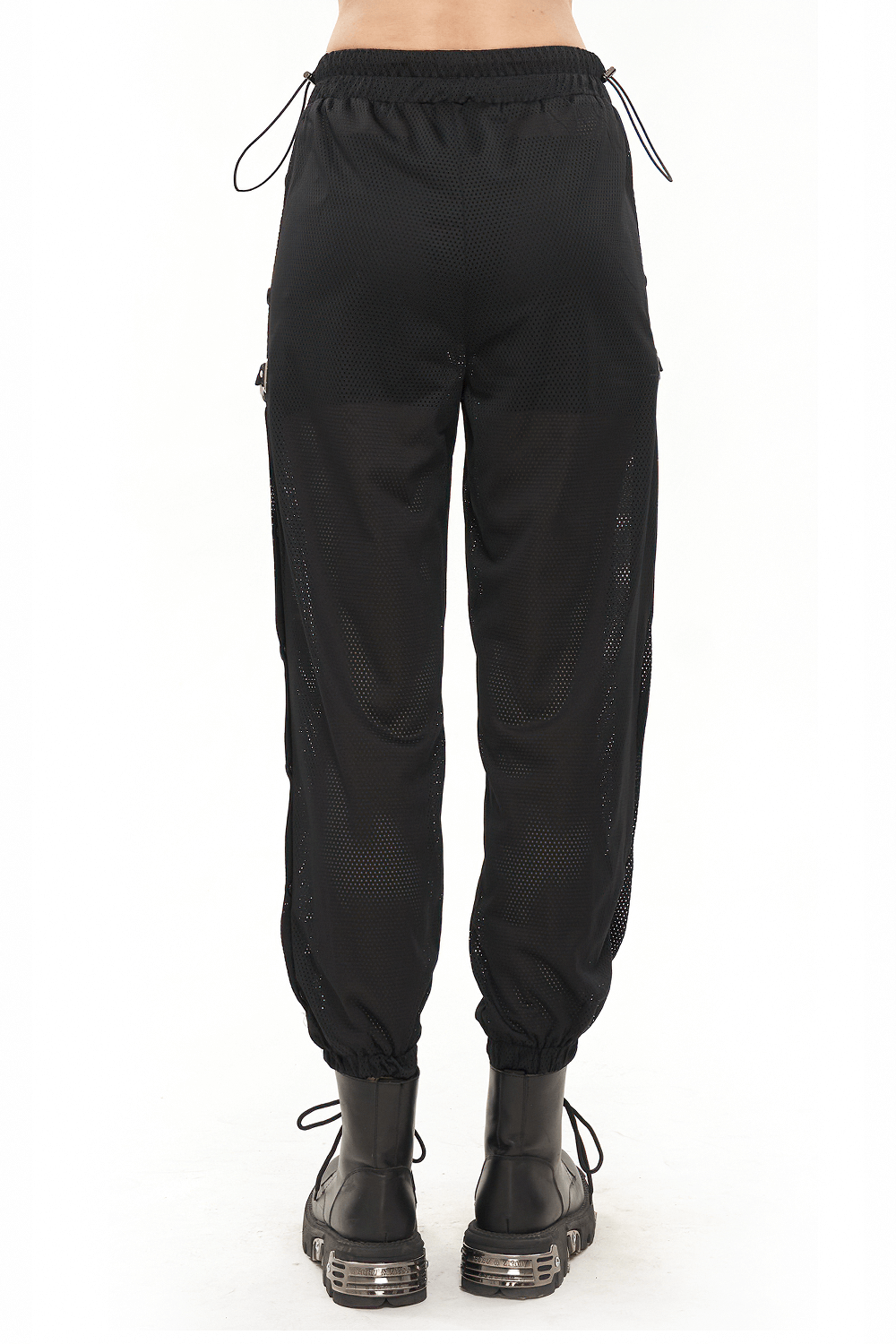 Women's black mesh jogger pants with punk style side openings and drawstring hem.