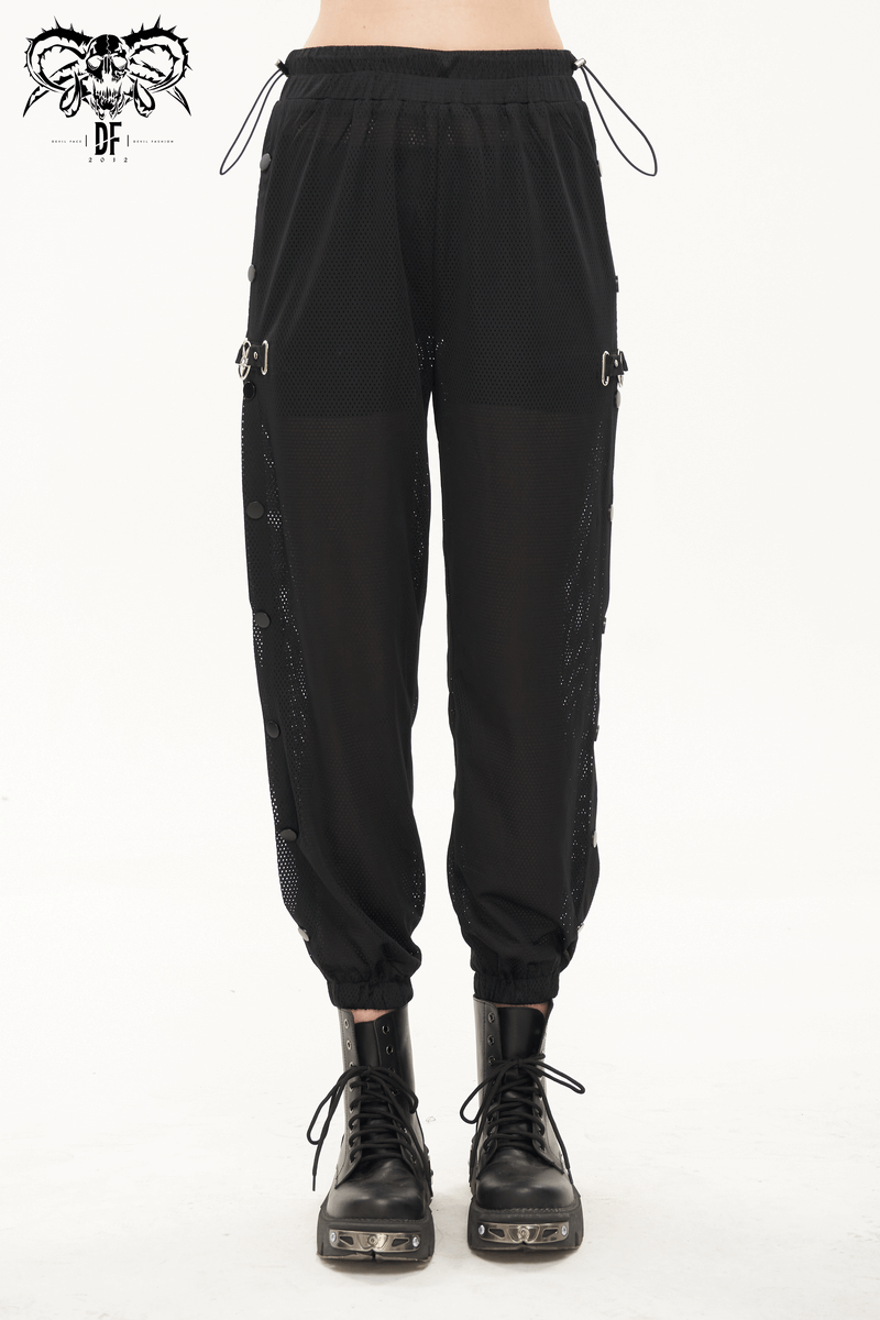 Women's Mesh Buttoned Jogger Pants / Punk Side Openings Wide Trousers
