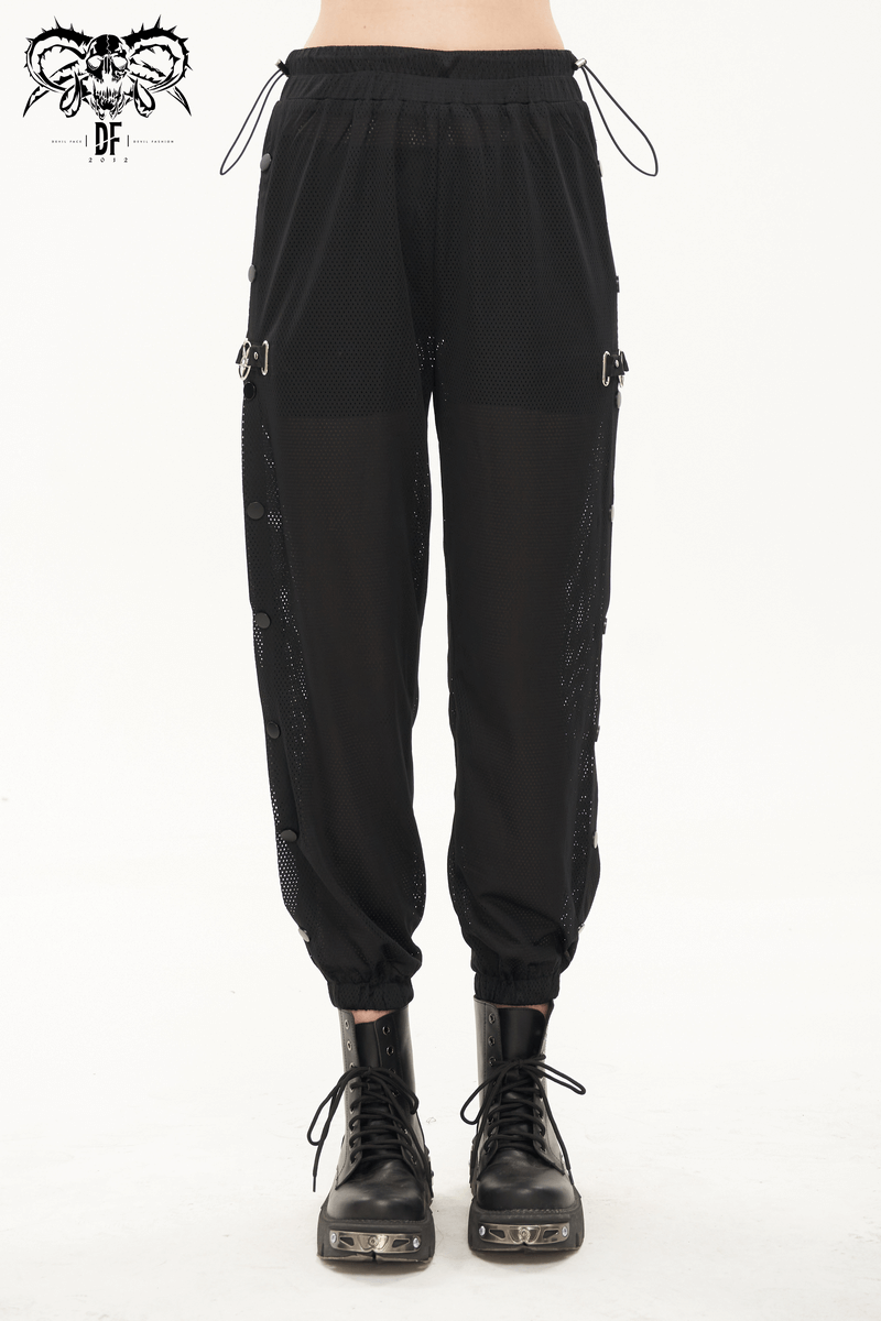Women's black mesh jogger pants with punk style side openings and stylish design, perfect for casual wear.