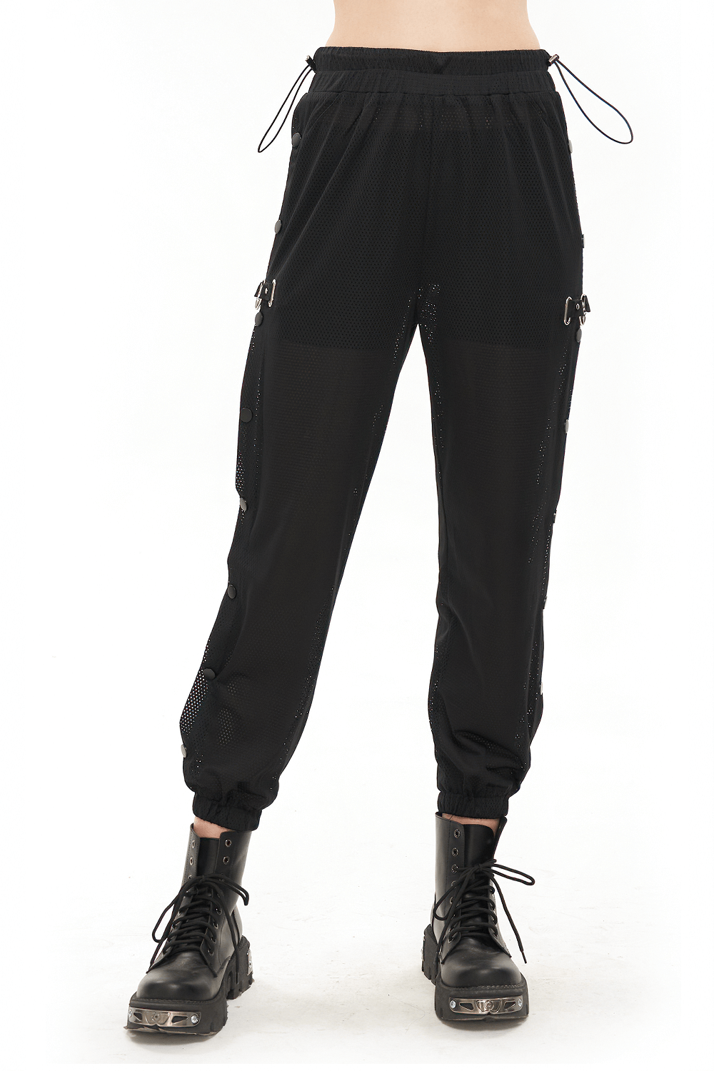 Women's black mesh jogger pants with punk side openings and stylish design for a trendy look.