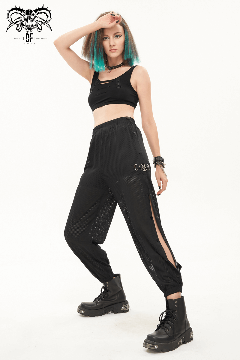 Fashionable women's mesh jogger pants with punk side openings, perfect for a trendy and stylish wardrobe.