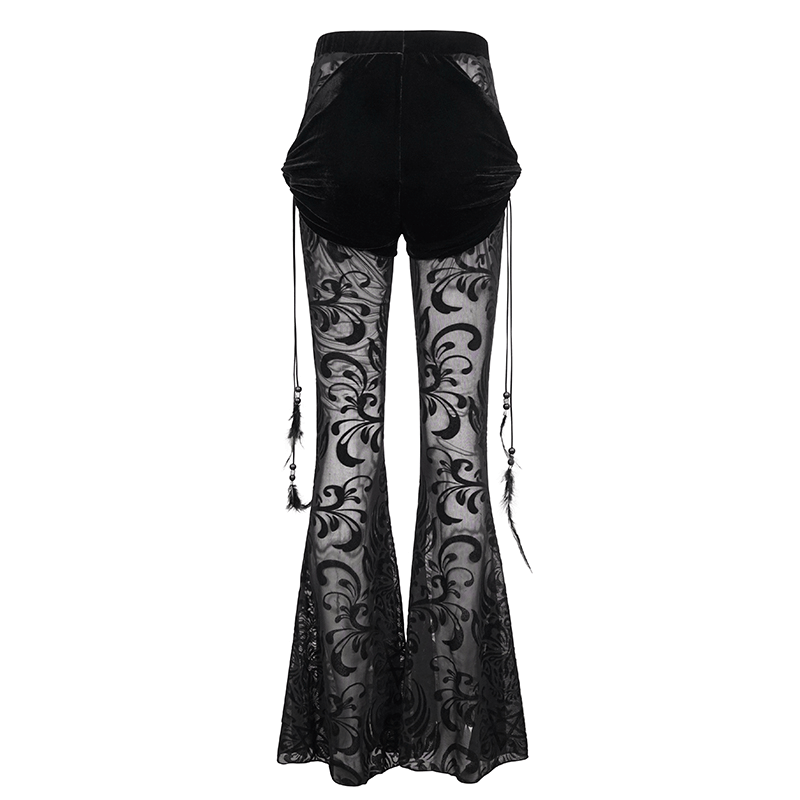 Women's Mesh Splice Flared Pants / Gothic Black Long Pants with Hanging Feather Pendant