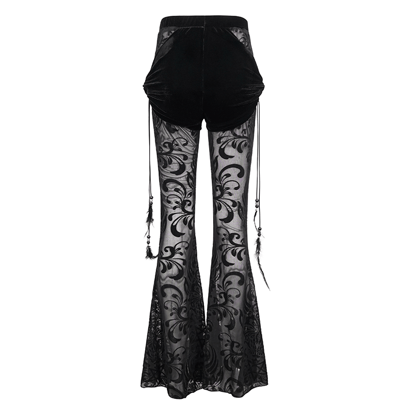Women's gothic black flared pants with mesh splice and feather pendant, perfect for a trendy style.
