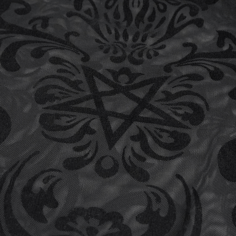 Intricate black fabric with gothic patterns and a pentagram design, perfect for a stylish gothic look.