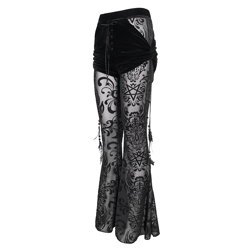 Women's Gothic Black Mesh Flared Pants with Feather Pendant, stylish and trendy for your wardrobe.