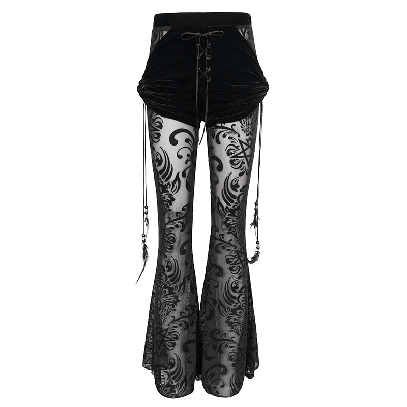 Women's Gothic Black Mesh Flared Pants with Feather Pendant, stylish and trendy for a gothic wardrobe.
