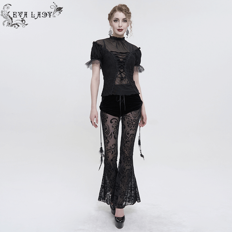 Women's Mesh Splice Flared Pants / Gothic Black Long Pants with Hanging Feather Pendant