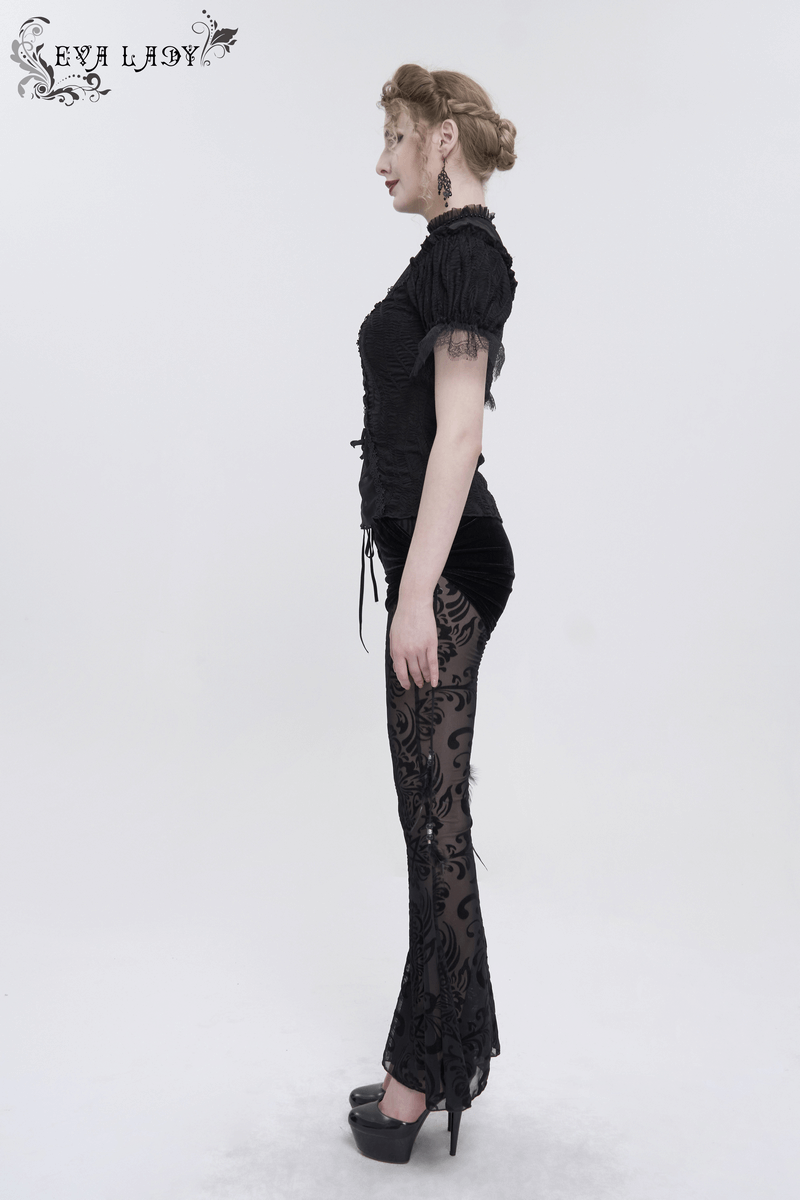 Elegant woman in black mesh splice flared pants with a gothic style and feather pendant, showcasing a trendy silhouette.