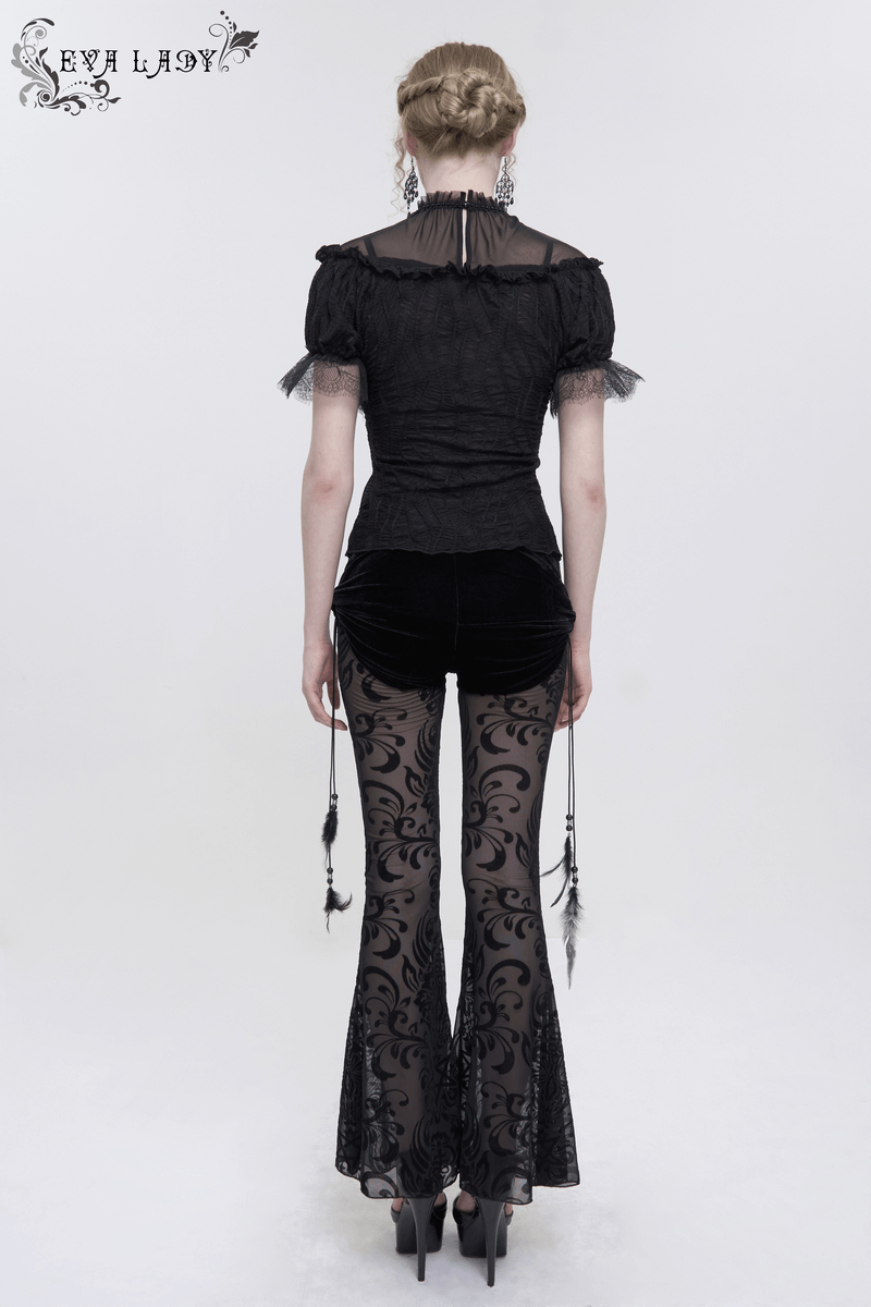 Gothic black flared pants with feather pendant, showcasing a chic and trendy look from the back.