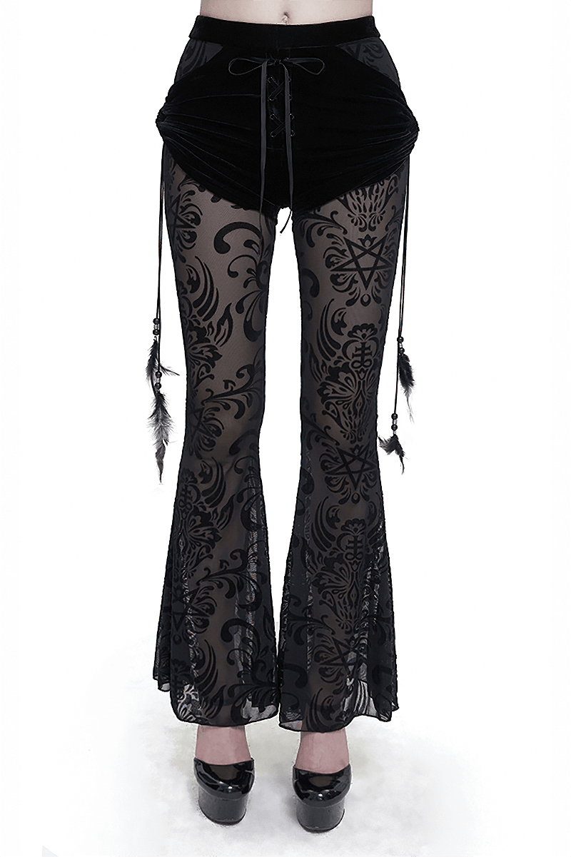 Women's Gothic Black Flared Pants with Mesh Splice and Feather Pendant - Trendy, figure-flattering style.