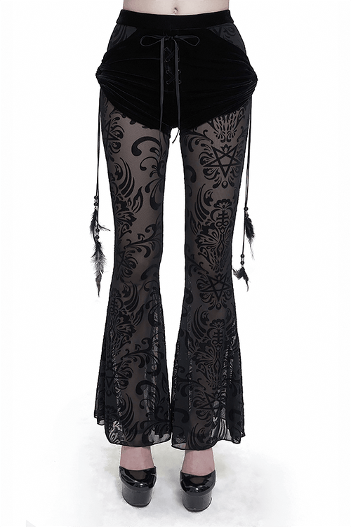 Women's Mesh Splice Flared Pants / Gothic Black Long Pants with Hanging Feather Pendant