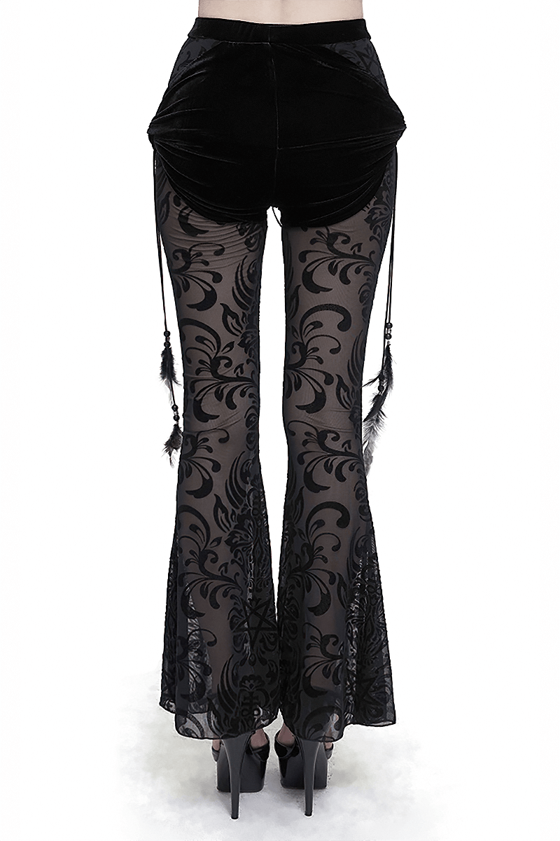 Women's gothic black flared pants with mesh splice and feather pendant, showcasing a stylish silhouette from the back.