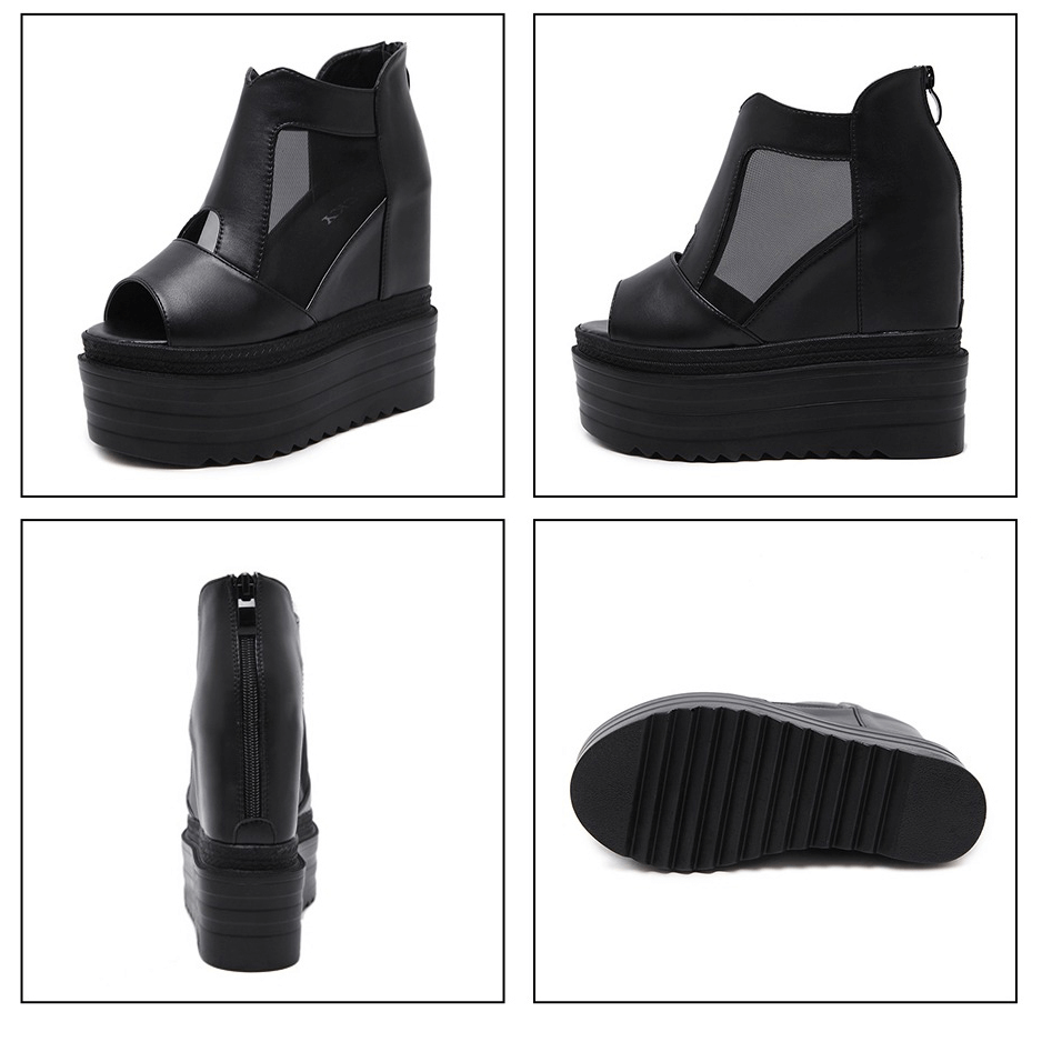 Stylish women's open-toe wedge sandals with platform soles, featuring a sleek black design and breathable ankle coverage.